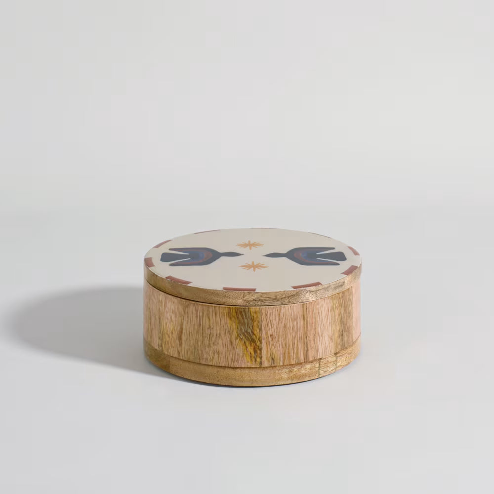 Caja decorativa de madera de mango con motivos de pájaros multicolores, L 18 cm